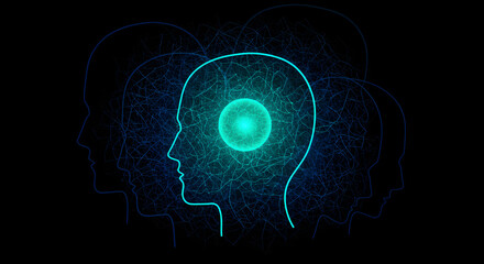 Wall Mural - head silhouette filled with blue turquoise particles on black background represents artificial intel
