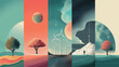 © KM - This features series of abstract landscapes, each with unique elements like trees, wind turbines, and celestial bodies, creating surreal and imaginative atmosphere. vibrant colors and imaginative