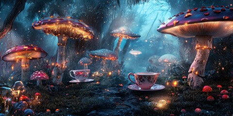 Wall Mural - A dreamy fairytale landscape with walking teacups and oversized glowing mushrooms