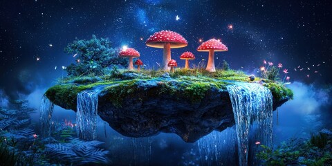 Wall Mural - A dreamy, floating island with waterfalls, glowing mushrooms, and surreal creatures