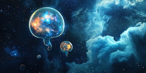 Wall Mural - A dreamy landscape where floating thought bubbles contain galaxies and ideas