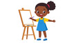 © Generative AI - Joyful African American girl with a puff hairstyle drawing on a blank canvas on a wooden easel.