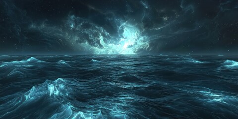 Wall Mural - A fantasy seascape where waves appear to glow with bioluminescent energy