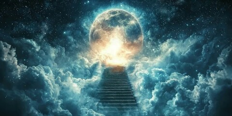 Wall Mural - A floating staircase leading to a giant glowing gateway in the sky