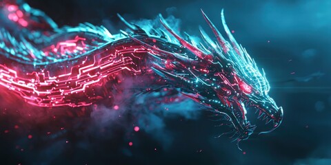 Wall Mural - a fusion of a dragon and a high-tech ai system, with glowing circuit-like scales