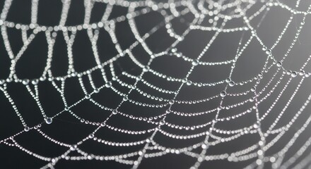 Dew-covered spider web macro against dark background.