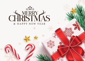 Wall Mural - Merry Christmas greeting card clipart design. Merry Christmas and Happy New Year text clip art with gift box, candy cane cane, fir leaves and star decoration elements frame design in simple snowflakes