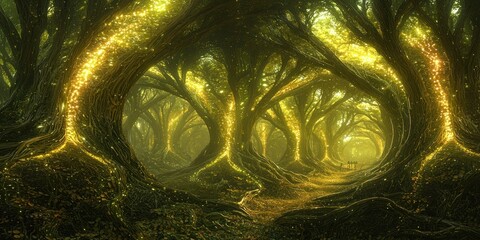 Wall Mural - a futuristic forest with otherworldly glowing vines and plants, resembling an alien world