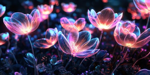 Wall Mural - a futuristic garden where neon flowers open and close in rhythmic motion