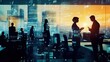 © ilham - A montage showcasing silhouettes of project managers overseeing timelines, and ensuring successful project delivery. The background includes a bustling office space with a cityscape visible outside