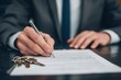 © VolumeThings - Entrepreneur signing a real estate contract holding keys