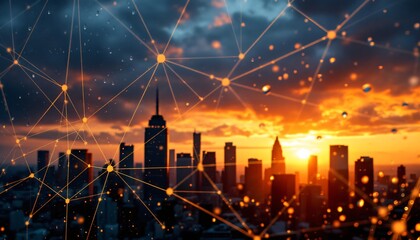 Wall Mural - golden hour cityscape with network connections and rain droplets