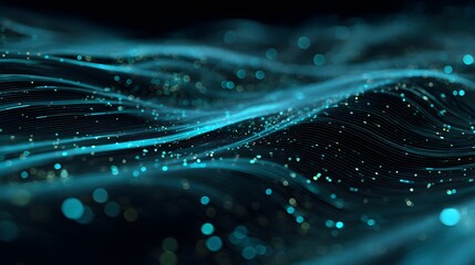 Abstract glowing waves of light particles and lines on a dark background, representing data flow or energy
