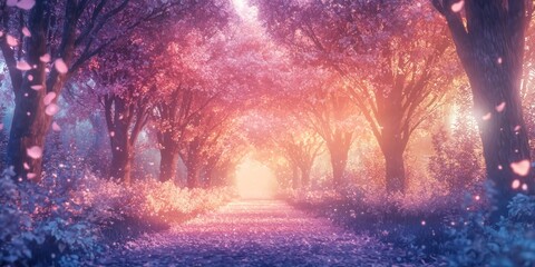 Wall Mural - a magical pathway through a glowing autumn forest, shimmering with soft hues