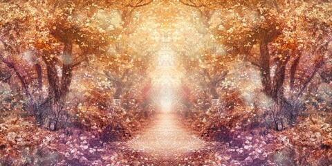 Wall Mural - a magical pathway through a glowing autumn forest, shimmering with soft hues
