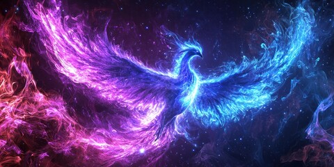 Wall Mural - a mystical phoenix reborn in radiant flames of blue and purple light