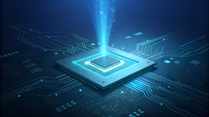 Futuristic microchip with glowing blue energy beam emitting from its center