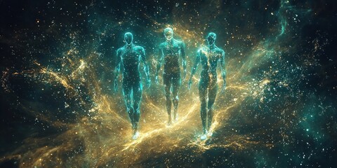 Wall Mural - a mystical scene where human figures are composed of glowing energy particles