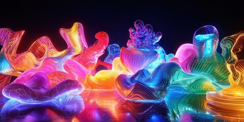 Wall Mural - a neon-lit digital environment where abstract objects morph into organic shapes