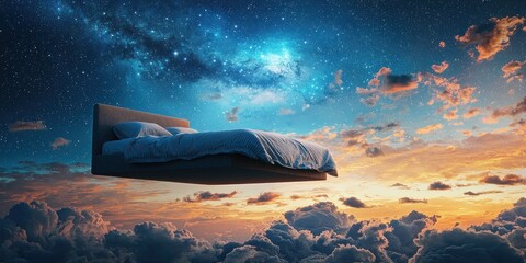 Wall Mural - a peaceful scene of a bed floating weightlessly in a galaxy-filled sky