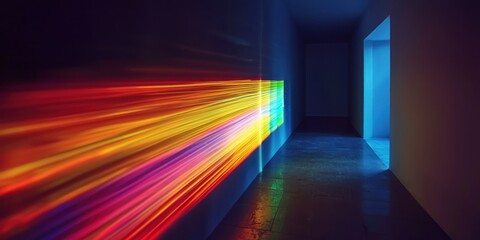 Wall Mural - a prism dispersing rainbow-colored light beams across a dark room