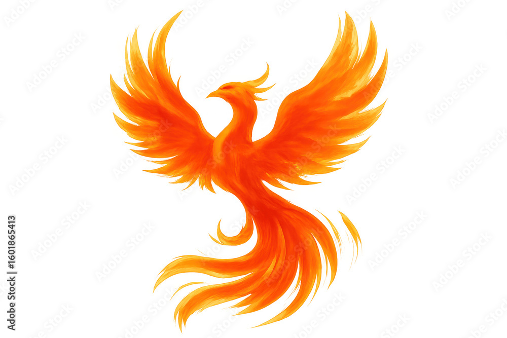 Fiery mythical bird with outstretched wings, embodying rebirth and renewal, isolated on transparent background