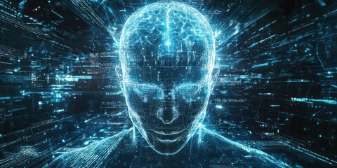 Wall Mural - a sci-fi world where digital streams of data flow through a transparent brain interface
