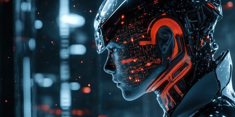 A sci-fi-inspired vision of a hybrid being, half-human and half-machine, with glowing circuits