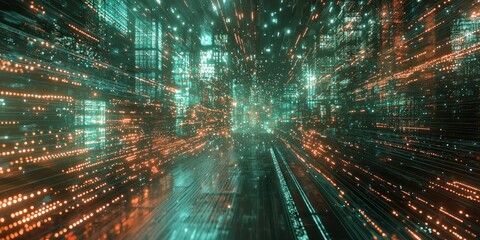 Wall Mural - a sci-fi-inspired visualization of deep learning algorithms as pulsating light threads