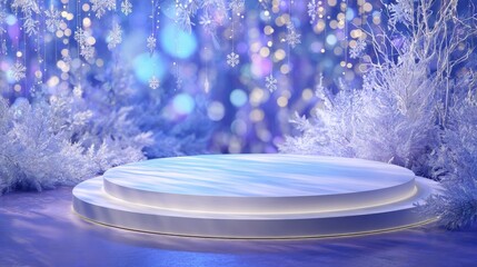 Wall Mural - Elegant winter scene with a round podium, surrounded by frosty branches and hanging snowflakes, set against a sparkling bokeh background.