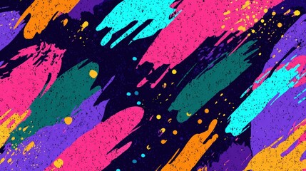Wall Mural - Vibrant abstract background with colorful brush strokes and splatters on a dark backdrop, featuring pink, blue, orange, and purple hues.