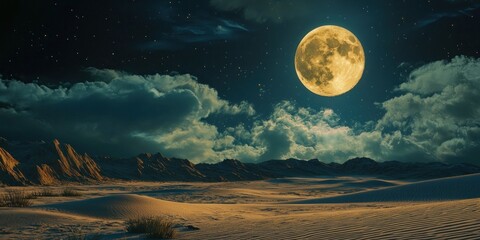 Wall Mural - A surreal desert where the full moon appears ten times larger than usual