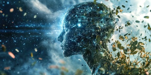Wall Mural - A surreal image depicting the transformation of a basic AI into a super-intelligent entity