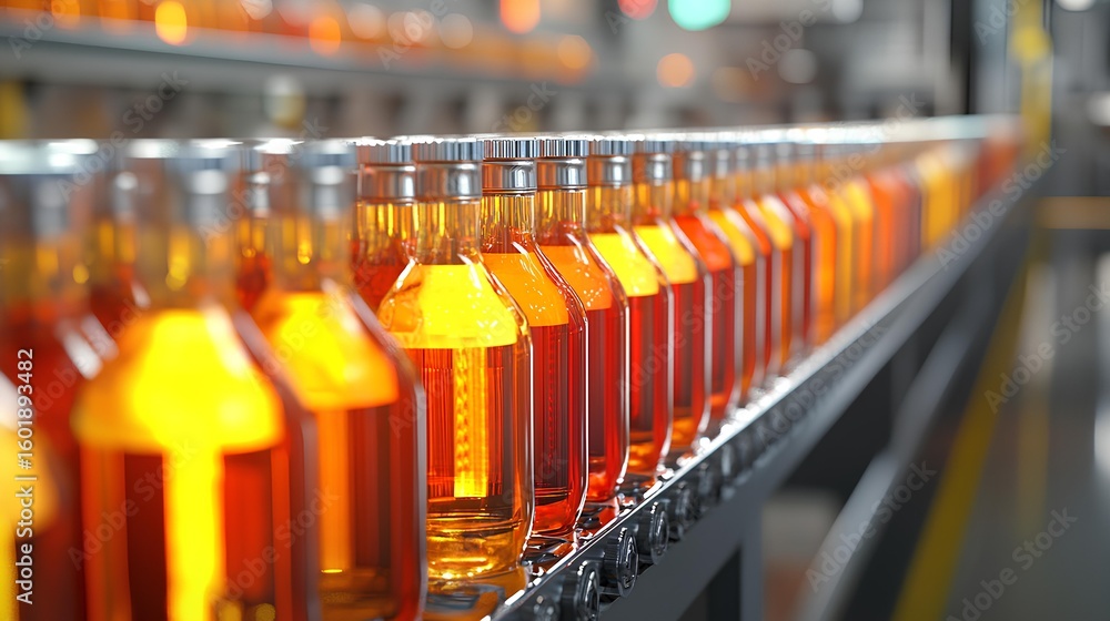 Bottling Process: A series of amber-colored bottles stream down an ...