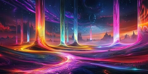 Wall Mural - a surreal landscape where pulsating neon energy flows like liquid between floating structures