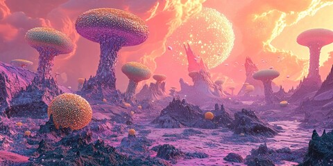 Wall Mural - a surreal, otherworldly landscape based on microscopic life forms