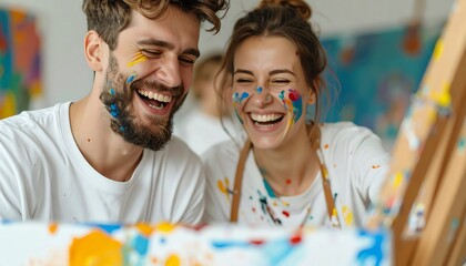 Joyful young couple with paint on their faces laughing together during a fun and creative painting date.