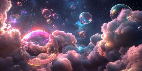 Wall Mural - A surreal sky filled with multicolored, glowing thought bubbles drifting in space