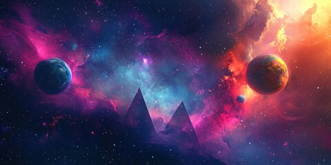 Wall Mural - a surreal universe filled with colorful nebulae, glowing planets, and geometric shapes