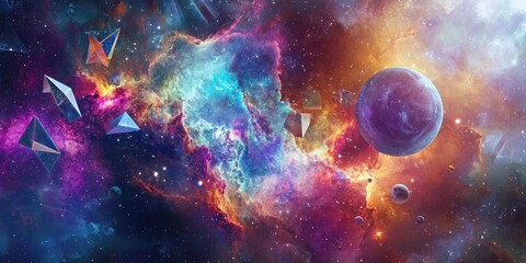 Wall Mural - A surreal universe filled with colorful nebulae, glowing planets, and geometric shapes