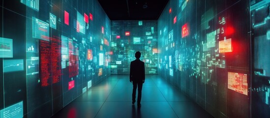 Wall Mural - Person standing in a room with projections of data.