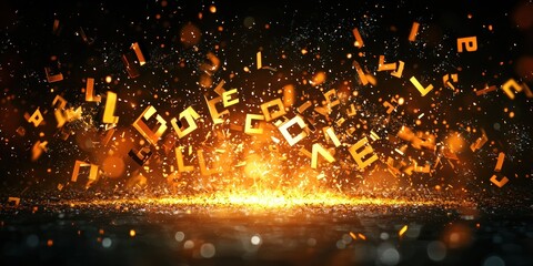 Wall Mural - a typographic explosion where glowing letters break apart and reform in midair