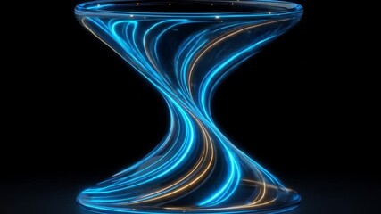 Elegant Hourglass with Flowing Blue and Golden Light Streams in a Dark Ambiance a Mesmerizing Display of Energy and Form