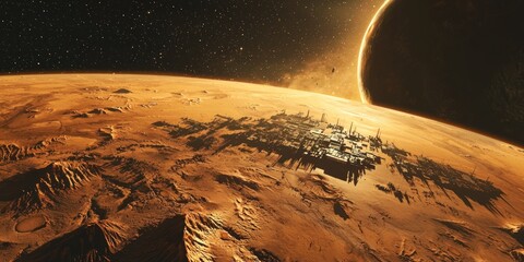 Wall Mural - a vast futuristic space station orbiting a distant planet, bustling with activity