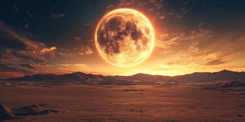 Wall Mural - A vast landscape with an enormous, glowing moon dominating the horizon
