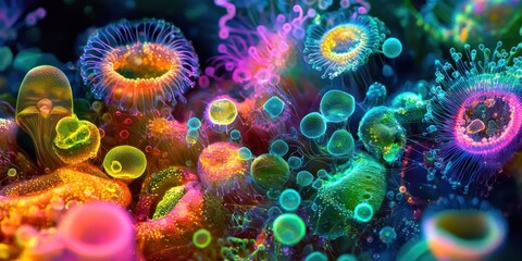 Wall Mural - a vibrant microscopic universe teeming with glowing, surreal microorganisms