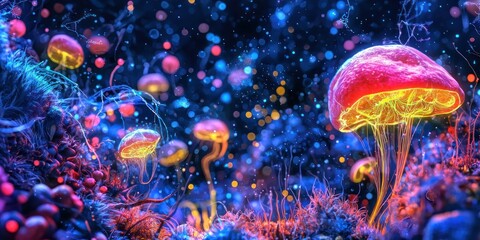 Wall Mural - a vibrant microscopic universe teeming with glowing, surreal microorganisms