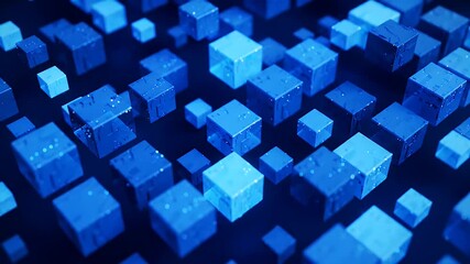 Vibrant Blue Geometric Cubes on Dark Background Pixelated Design Rendered in 3D