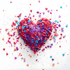 Heart-shaped confetti exploding with vibrant colors in a festive joyful burst of celebration