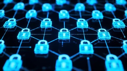 Abstract network of glowing blue lock icons